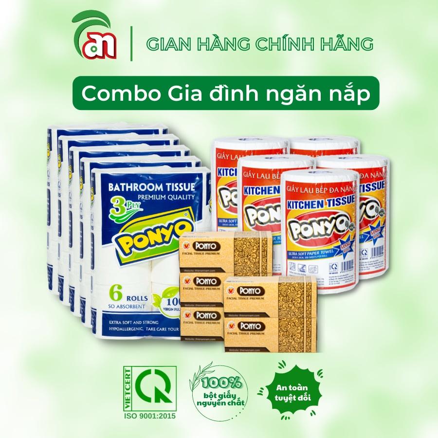 Combo PONYO gia đình ngăn nắp: 5 lốc Giấy vệ sinh, 5 hộp Khăn giấy lụa và 5 cuộn Khăn giấy lau bếp - Thiên An Nam paper