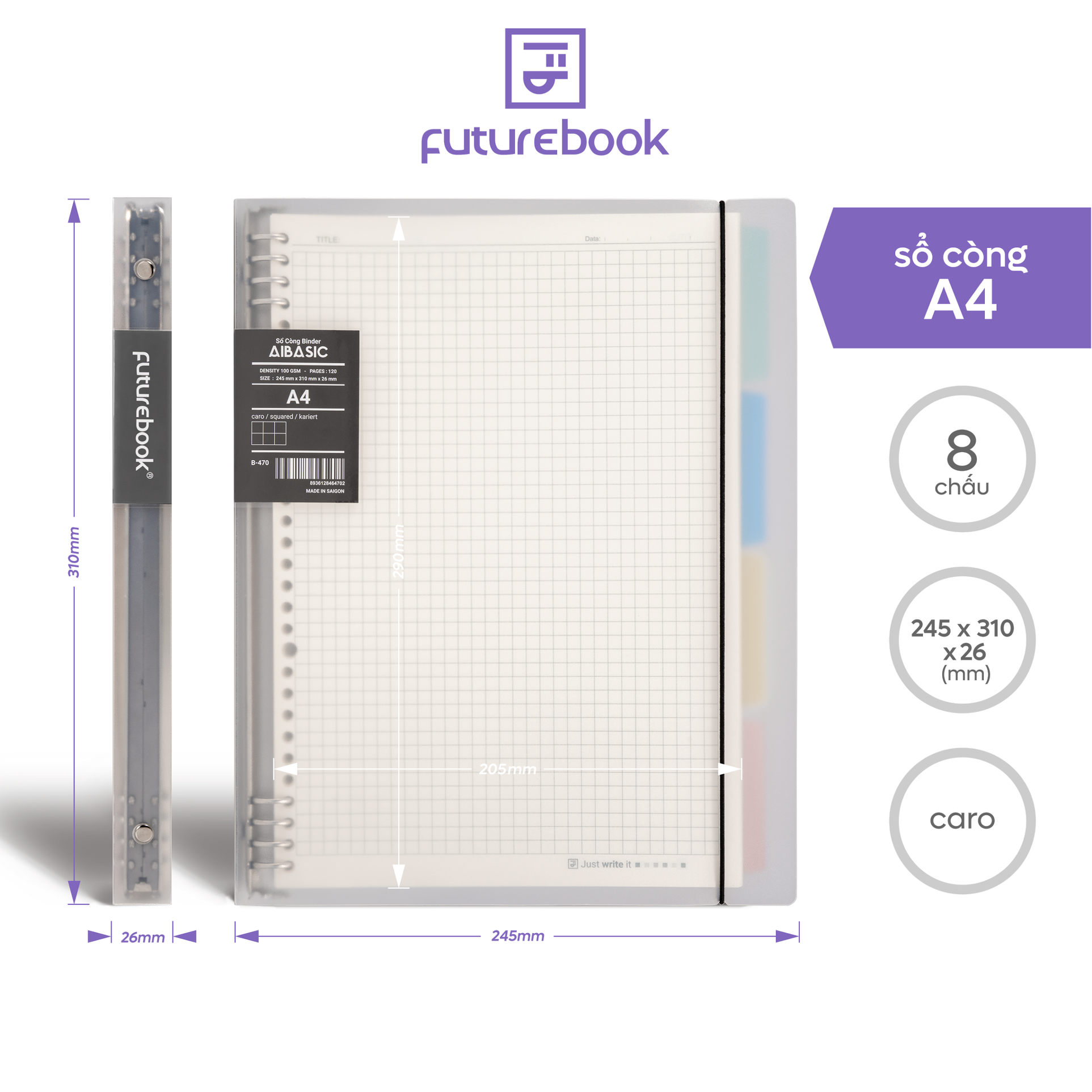 Sổ còng binder 8 chấu Aibasic A5 A4 B5, kèm ruột giấy refill, làm sổ tay planner ,phong cách hàn quốc FUTUREBOOK - A4 - Caro