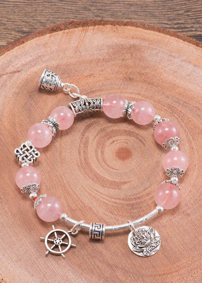Vòng tay thạch anh hồng phối charm chuông bạc Ngọc Quý Gemstones