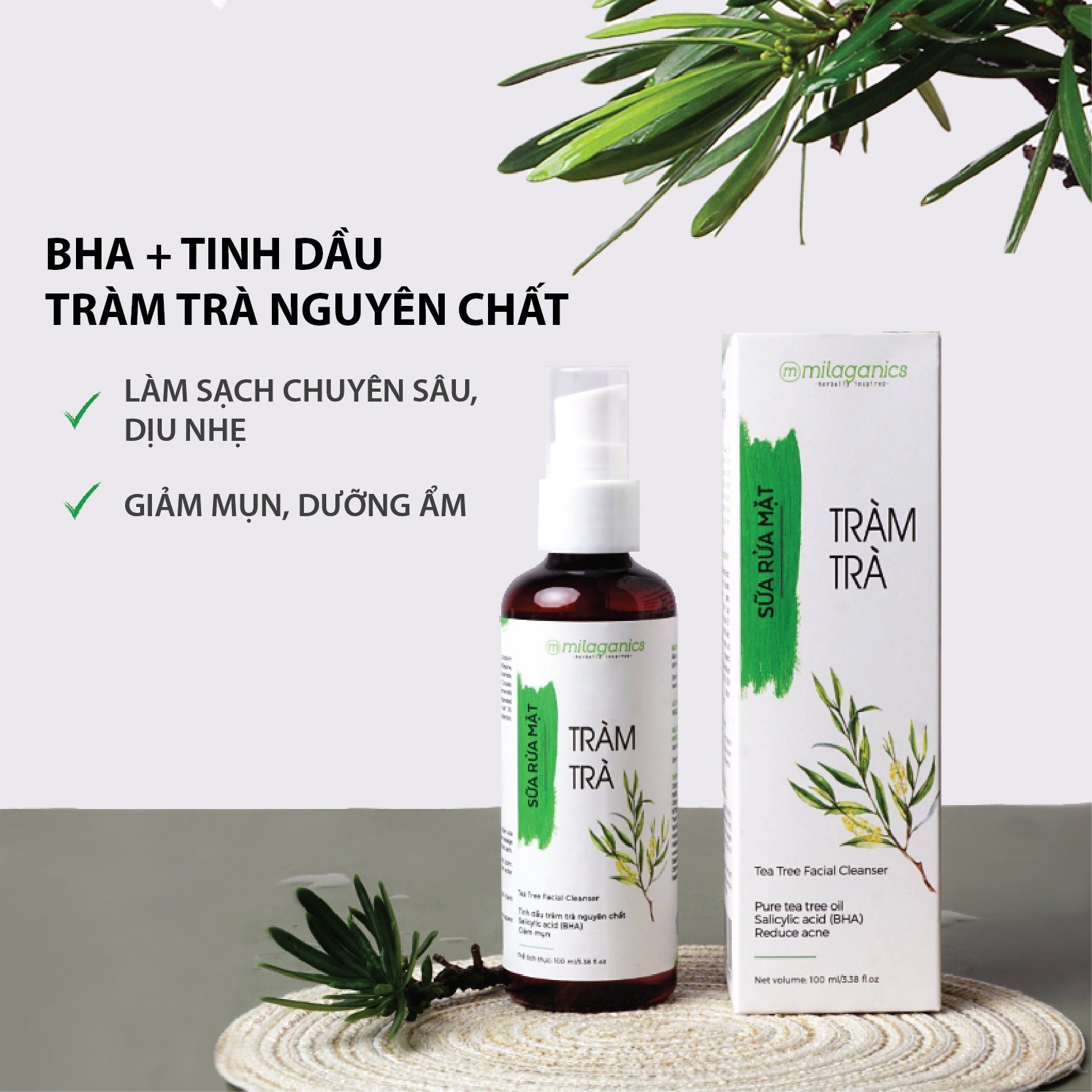 Sữa Rửa Mặt Ngừa Mụn Tinh Dầu Tràm Trà Dành Cho Da Mụn Nhạy Cảm MILAGANICS 100ml (Chai)