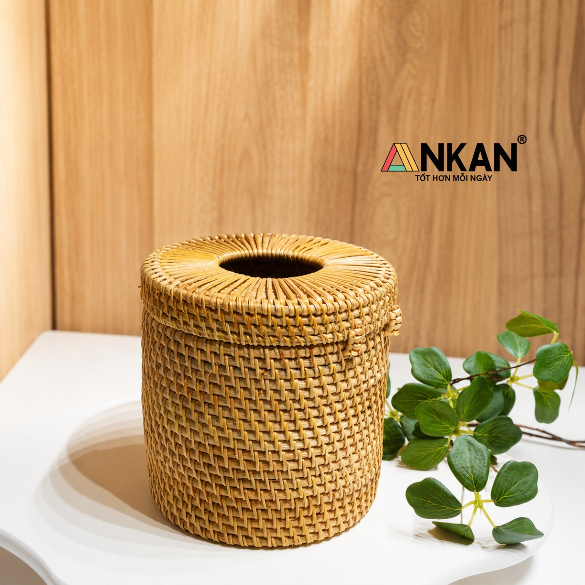 Hộp Khăn Giấy Mây Tre Hình Tròn ANKAN – Decor Sang Trọng Nhà Tắm, Phòng Khách, Quán Cafe