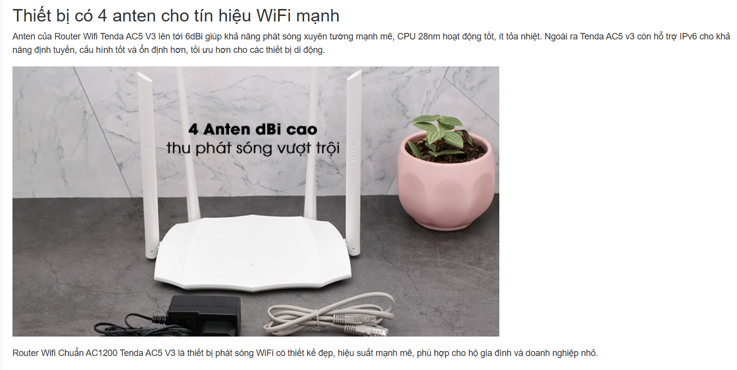 Bộ phát wifi Tenda AC5 chuẩn AC1200Mbps - Hàng chính hãng