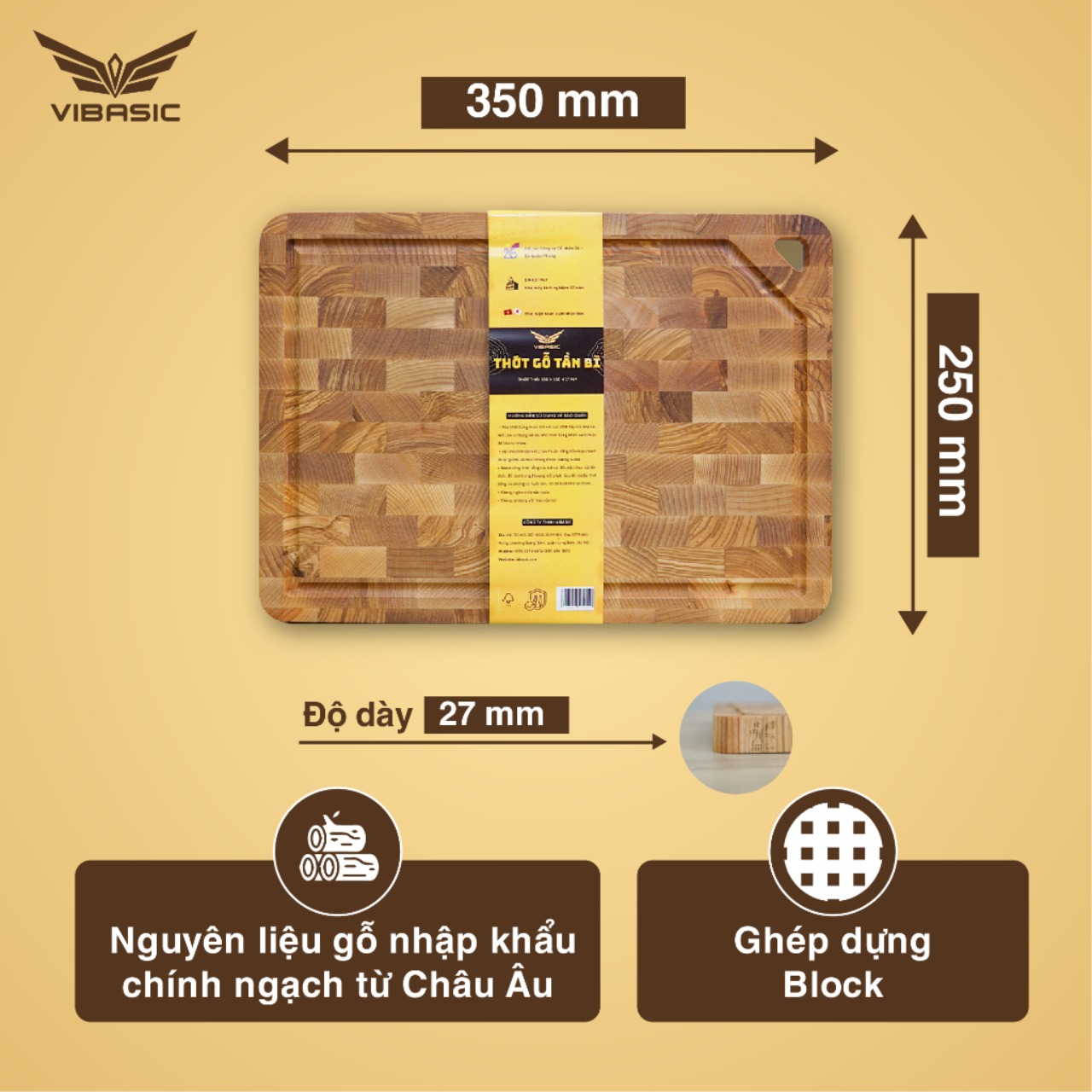Thớt Tần Bì (Ash wood) Vibasic ghép block, kích thước 350x250x27mm, chuyên thái, có móc treo thớt - Hàng chính hãng Bộ Quốc Phòng