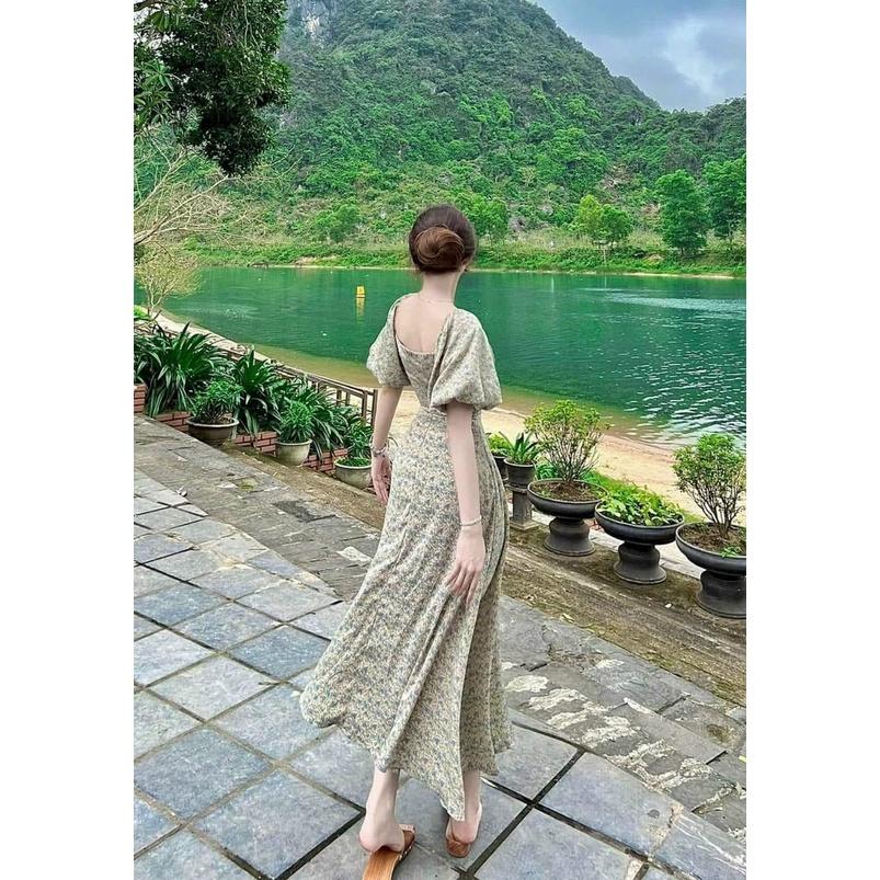 Đầm maxi hoa cổ vuông nhún ngực đính nút siêu xinh