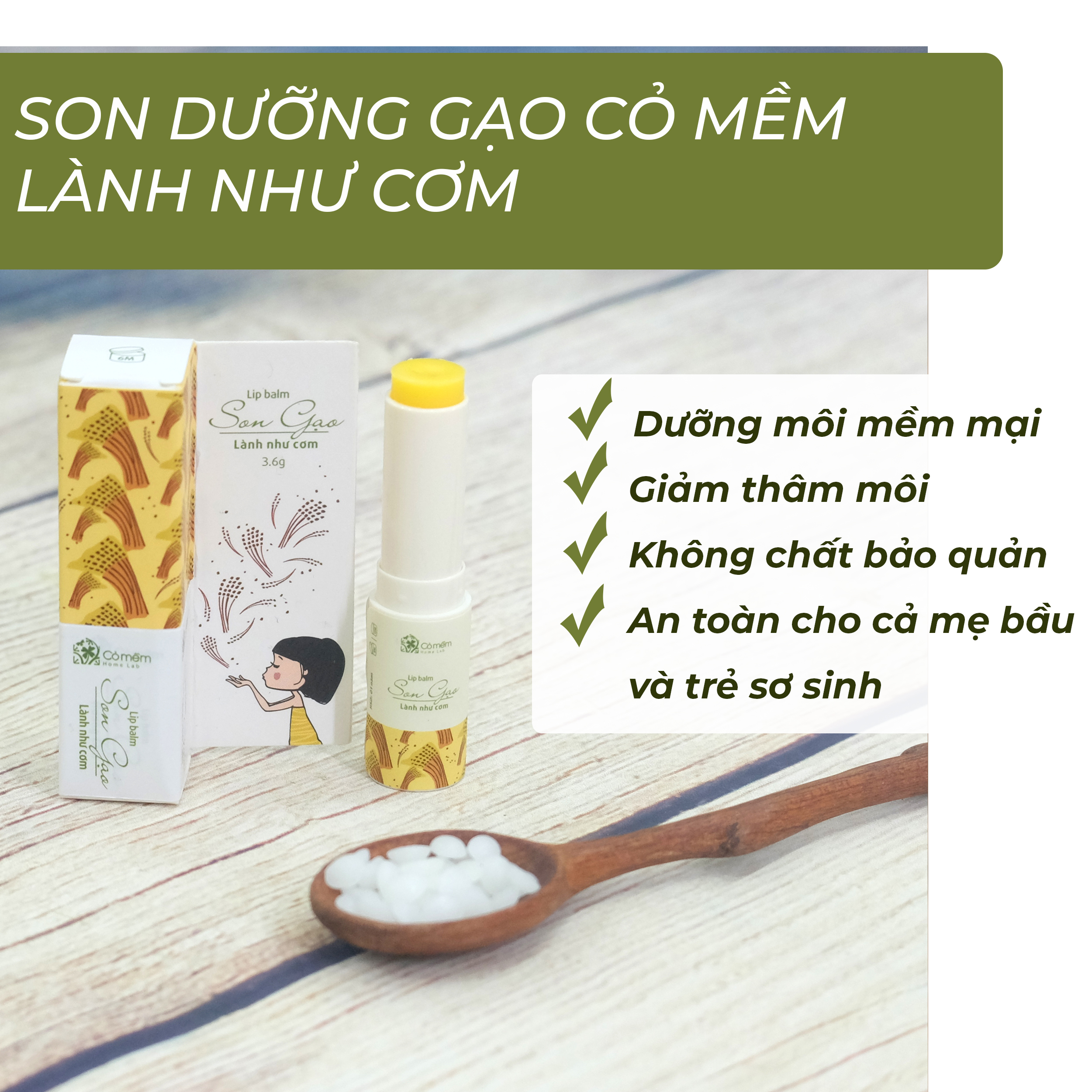 Son dưỡng môi Gạo Cỏ Mềm Không Màu Giúp Dưỡng Mềm Môi Chống Khô Nẻ An Toàn Cho Cả Mẹ Bầu Và Trẻ Sơ Sinh 3,6g