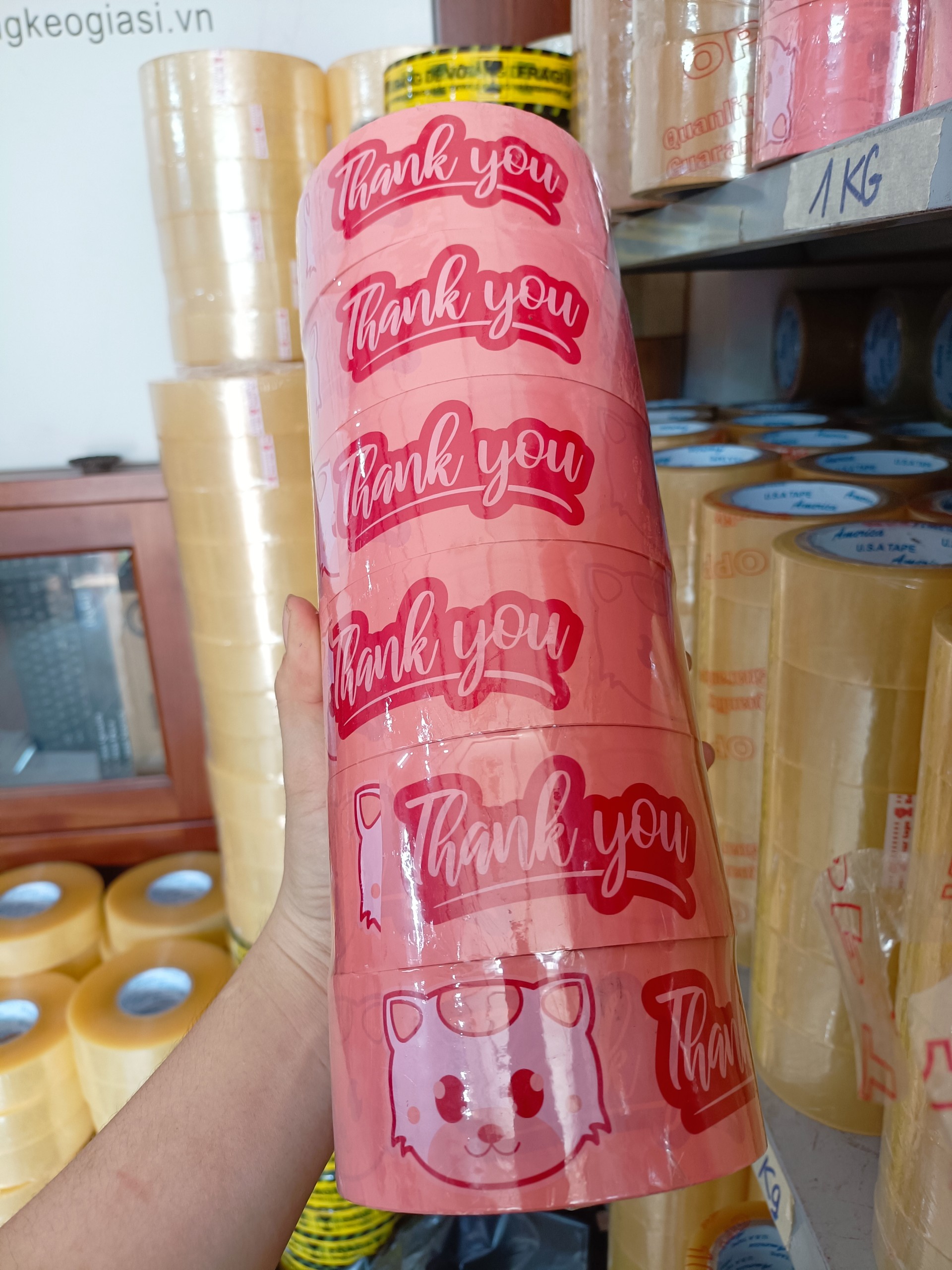 6 cuộn băng keo in hình mèo kèm chữ Thank you màu cam sữa