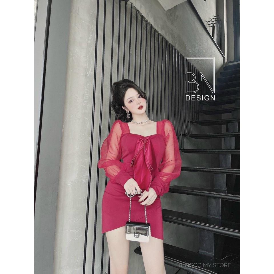 Đầm váy nữ cổ vuông tay dài phối lưới ngực tết nơ from ôm body tà chéo sexy, quyến rũ thời trang nữ dự tiệc