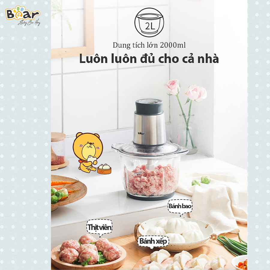 [Hàng Chính Hãng]Máy xay đa năng Bear 2L QSJ-B03Y7 màu xám. công suất 300W, dung tích 2L bằng Inox 304, cối thủy tinh borosilicate, vỏ ABS có khả năng chịu nhiệt cao; vận hành êm ái, giảm tiếng ồn.