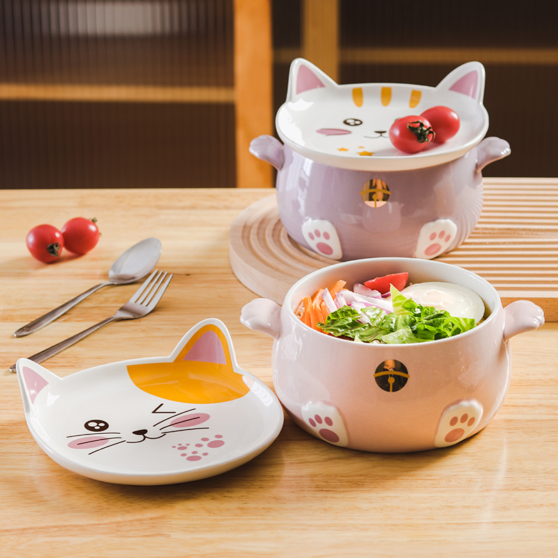 Tô Ăn Mỳ Dung Tích Lớn Có Nắp Đậy Hình Tai Mèo Dễ Thương Anime - Bát Tô Sứ 1080ml Cute