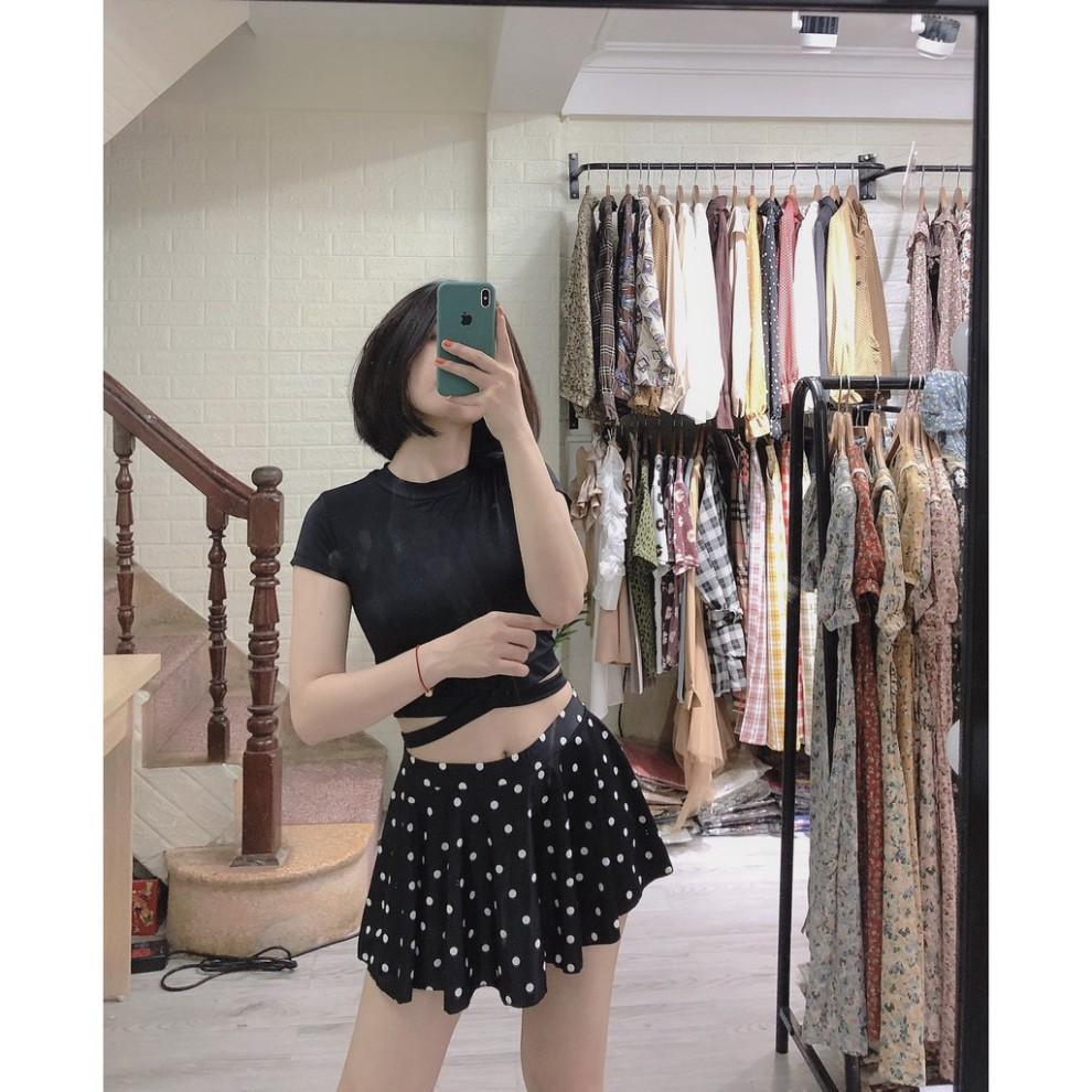freeship Bikini hai mảnh cộc tay đen cao cổ váy chấm bi siêu đẹp ( Ảnh chụp thật 100%)
