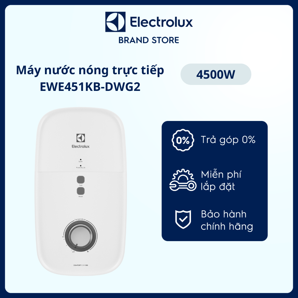 Máy nước nóng trực tiếp electrolux ComfortFlow™ 500 4.5kW - EWE451KB-DWG2 -  Nhiệt độ nước luôn ổn định gấp 2 lần, vòi sen 5 chế độ phun [Hàng chính hãng]