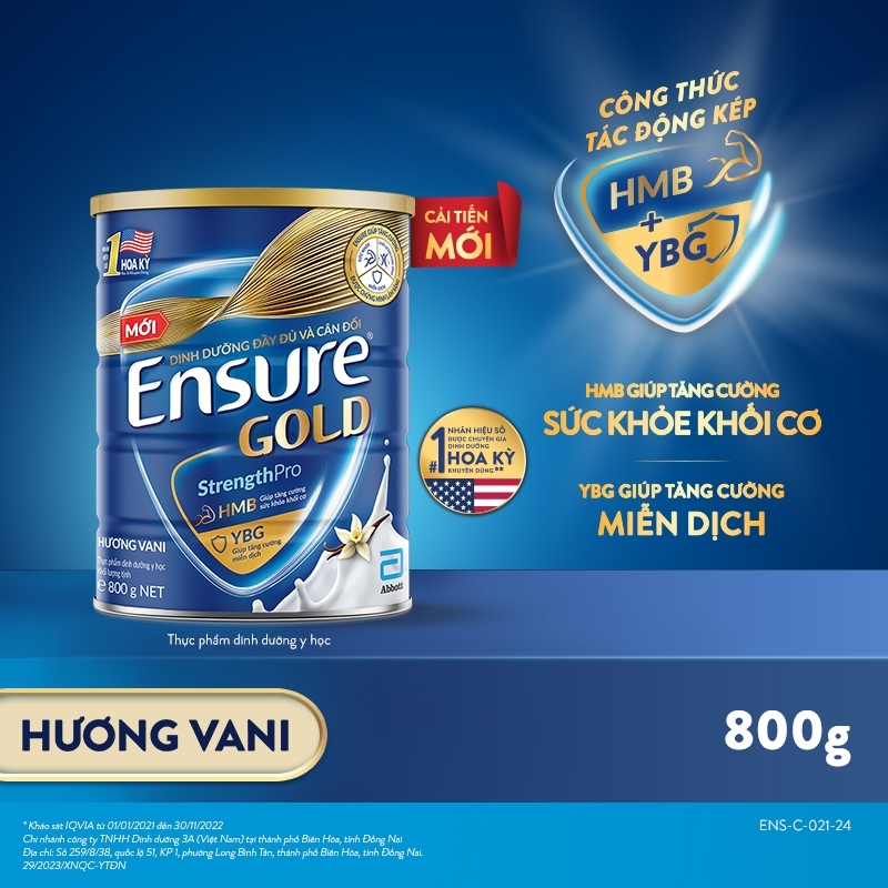 Sữa Bột Ensure Gold Abbott (HMB) 850g/800g Hương Vani Truyền Thống