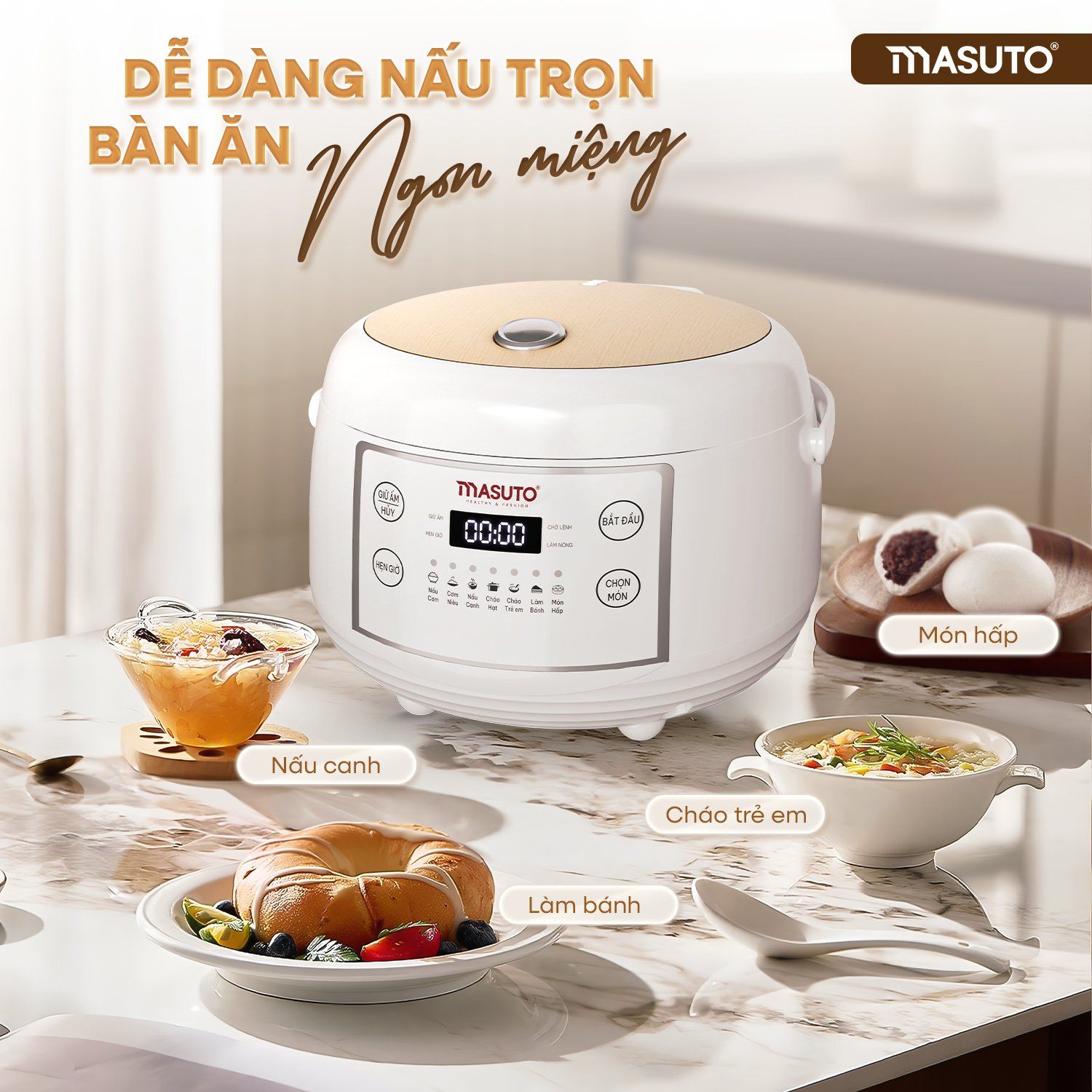 Nồi Cơm Điện Tử Masuto MSCookerAI Dung Tích 1,5L Biết Nói Tiếng Việt, Lòng Nồi Ceramic Chống Dính Cao Cấp, Đa Năng Với 7 Chế Độ Nấu, Có Hẹn Giờ - Hàng Chính Hãng