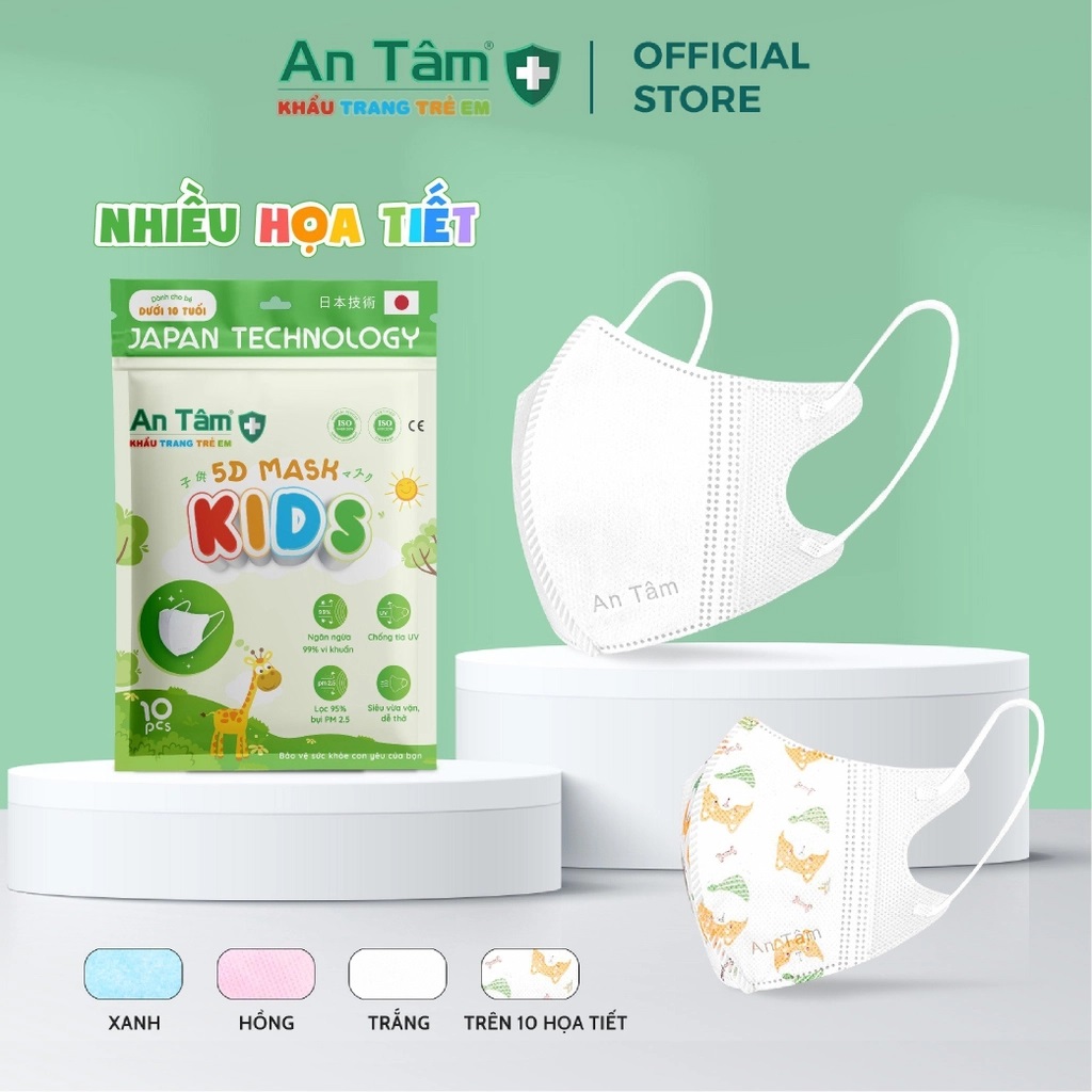 [100 Cái 5D Trẻ Em] Thùng Khẩu Trang Y Tế 5D Trẻ Em An Tâm - 100 Cái/10 Túi