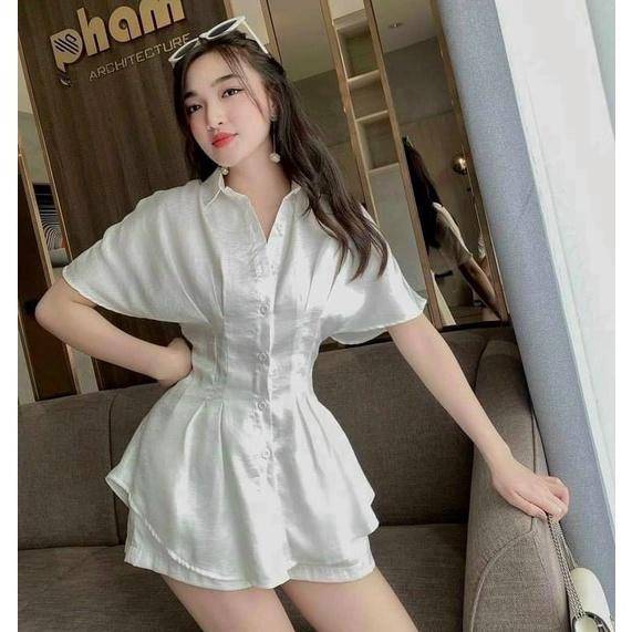 Sét bộ đùi áo cổ sơ mi cài nút ôm eo tay ngắn phối quần đùi phù hợp phong cách mùa hè chất liệu tuyết nhung 4 màu