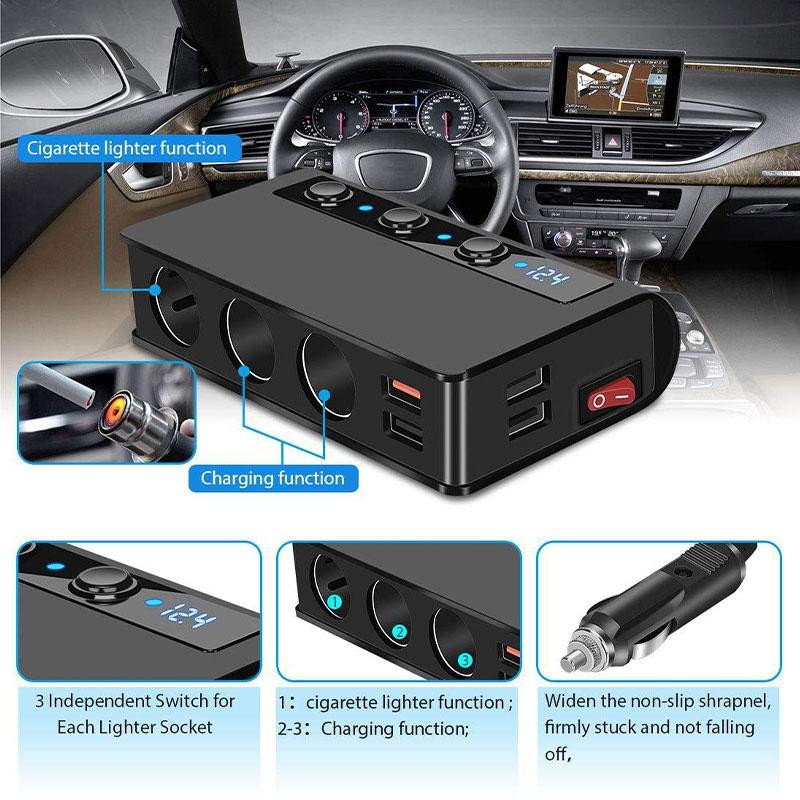 Bộ sạc ô tô đa năng 180W 12V Ổ cắm điện cho xe hơi Ổ cắm điện kép Cổng USB QC 3.0 sạc nhanh