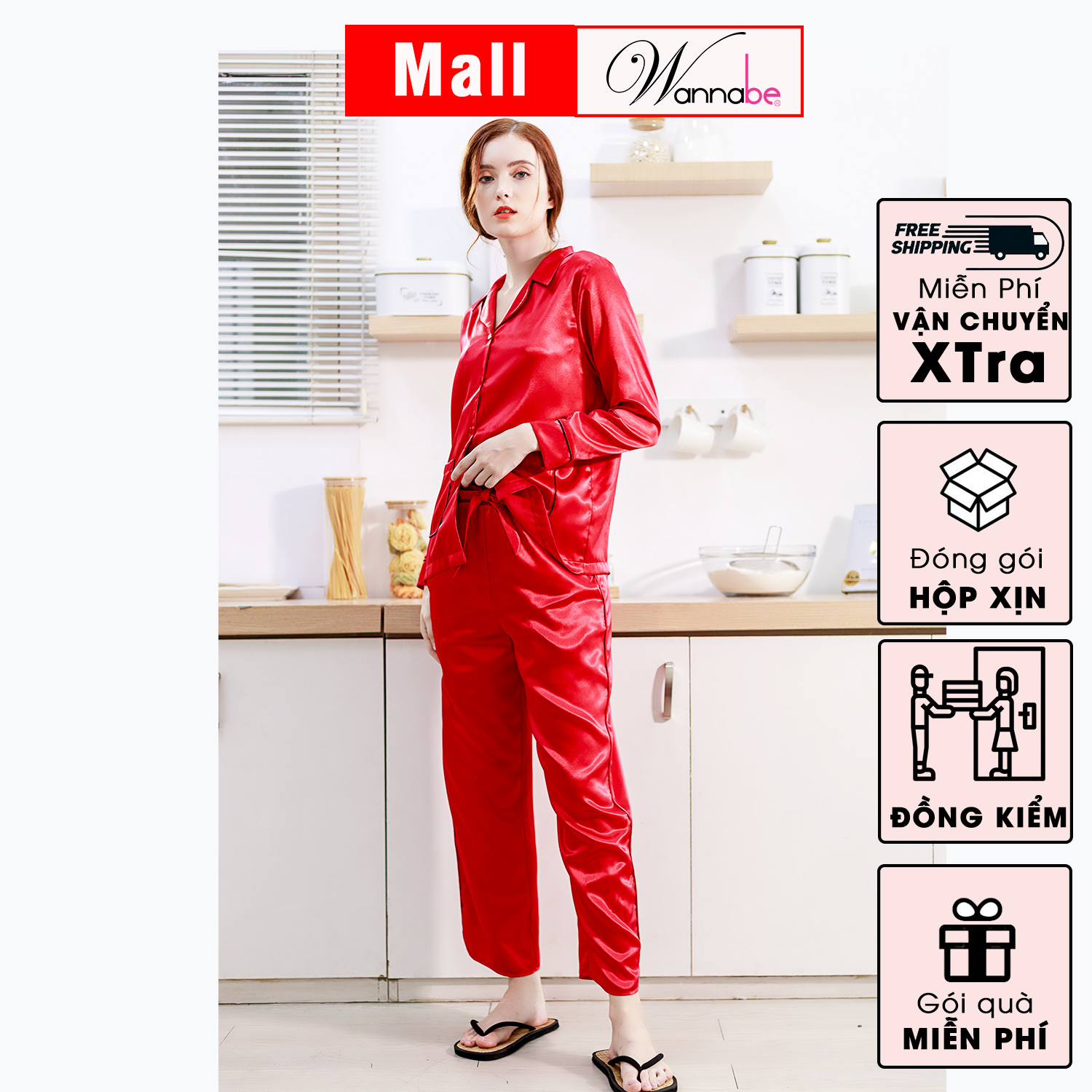 Đồ bộ mặc nhà pijama nữ WANNABE BDS44 đồ bộ quần dài phối áo tay dài trang trí hai túi bo tròn xinh xắn nữ tính quý phái