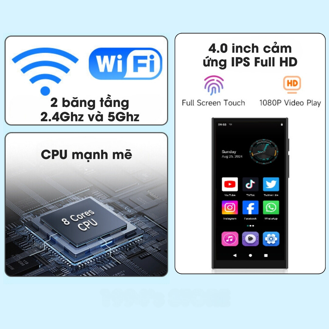 Ruizu Z90 Máy Nghe Nhạc Android WiFi/Bluetooth  Màn hình Full HD 4.0 inch, RAM 4GB, ROM 64GB, Android 10  Xem YouTube, tải App dễ dàng  Pin 2200mAh, 20h nghe nhạc  Jack 3.5mm HiFi, chế độ đọc sách  Tiếng Việt dễ sử dụng - Hàng Nhập Khẩu