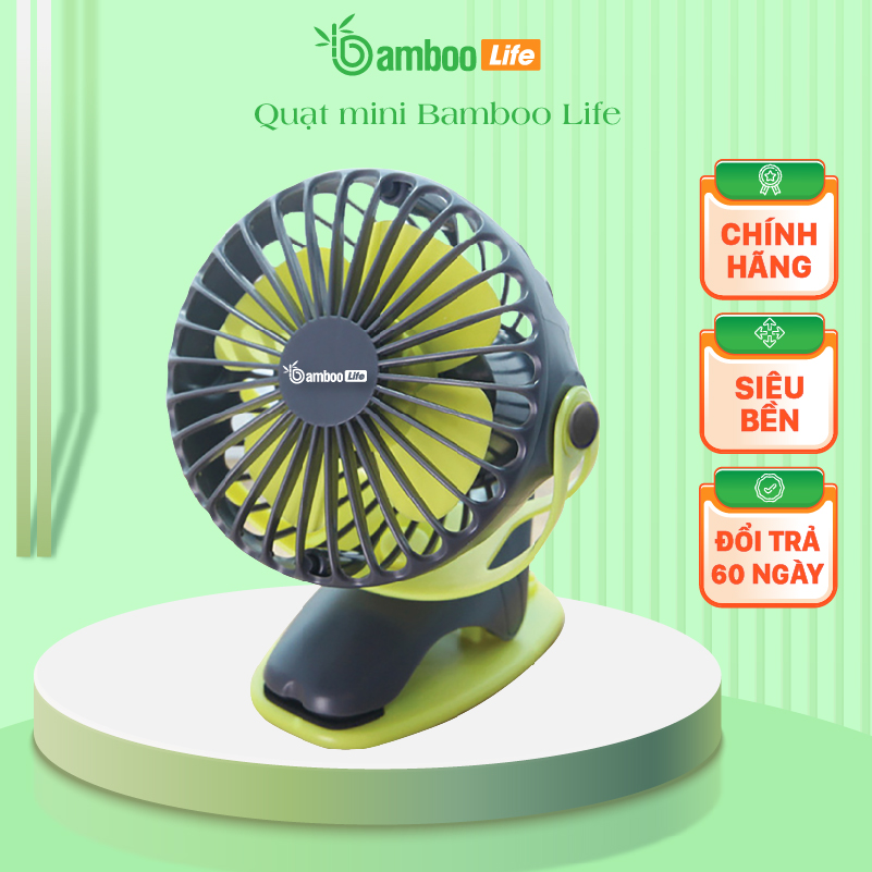 Quạt mini, quạt tích điện để bàn cầm tay Bamboo Life chính hãng dung lượng pin 4000mAh xoay 360 độ sạc pin kẹp nôi kẹp xe đẩy cho bé