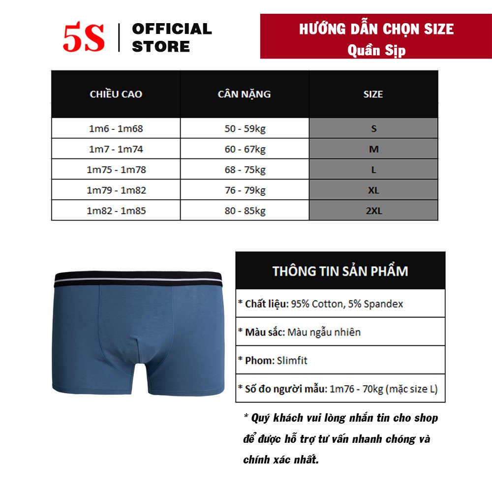 Combo 3 Quần Sịp Nam Boxer 5S, Cạp To, Chất Cotton Cao Cấp, Thấm Hút, Co Giãn, Kháng Khuẩn Tốt (X3-SIP21001BOX).