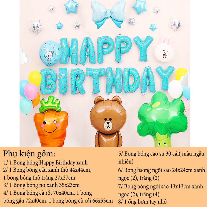 Bộ trang trí sinh nhật happy birthday chú gấu - Sét bong bóng trang trí tiệc thôi nôi, đầy tháng cho trẻ