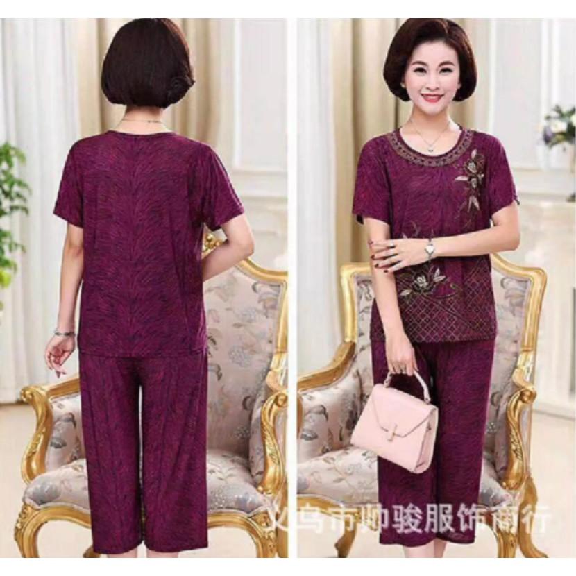 Bộ trung niên nữ mặc nhà thêu hoa chất liệu mềm mịn thoáng mát