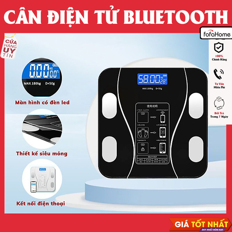 Cân Điện Tử Sức Khoẻ Bluetooth Phân Tích Chỉ Số Cơ Thể Kết Nối Điện Thoại Qua Bluetooth Màn Hình LCD HD, Độ Chính Xác Cao Màu Đen