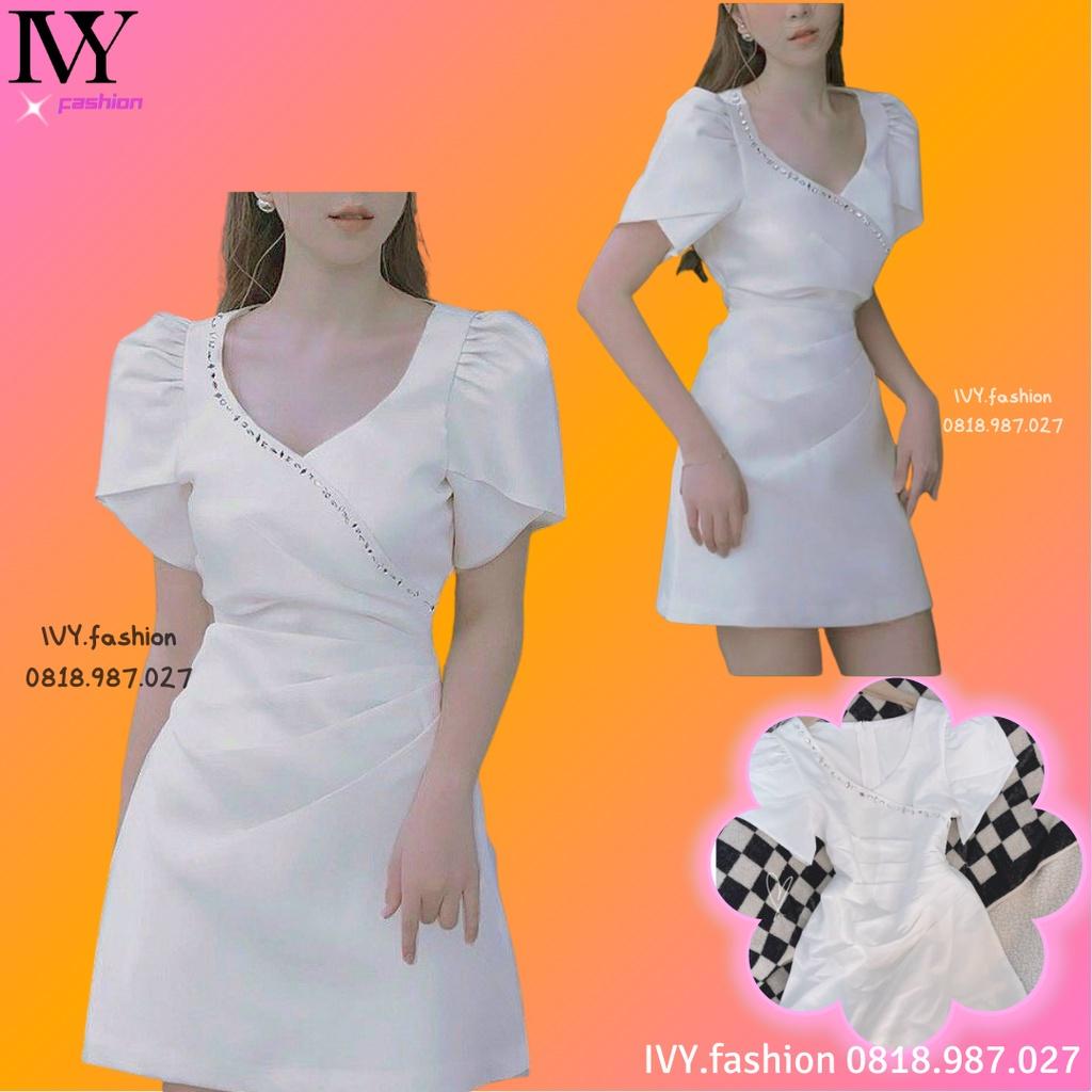 Đầm váy trắng vạt nhíu tafta lót lụa cổ V chéo cườm tay phồng xoè chữ A đi biển dự tiệc cưới dạo phố bigsize rẻ đẹp