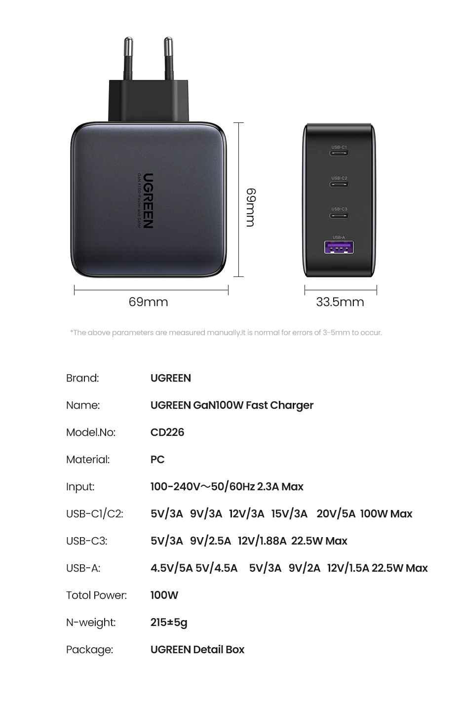 Ugreen UG90575CD226TK 100W Màu Đen Bộ sạc nhanh Nexode chip GaN gồm 3 cổng USB-C + USB-A kèm dây cáp USB-C dài 1.5M chuẩn cắm EU - HÀNG CHÍNH HÃNG
