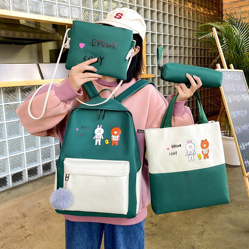 Set 4 Món Balo, Túi, Ví Thời Trang Thiết Kế Tiện Dụng Browm Cony Hai Chú Gấu Xinh Xinh 30*14*40 cm Full 4 Màu
