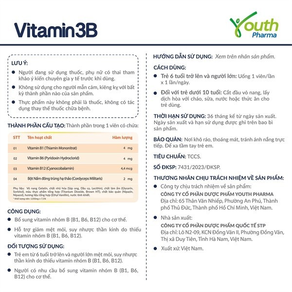 Viên Uống Vitamin 3B Youth Pharma Bổ Sung Vitamin Nhóm B (B1, B6, B12) - Hộp 100 Viên