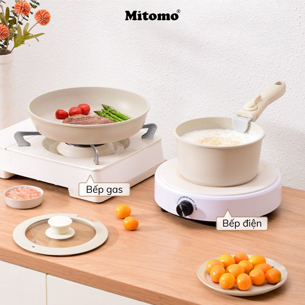 Bộ nồi chảo đá gốm Mitomo chống dính cao cấp 5 món có tay cầm tháo rời, dùng cho mọi loại bếp - Hàng chính hãng
