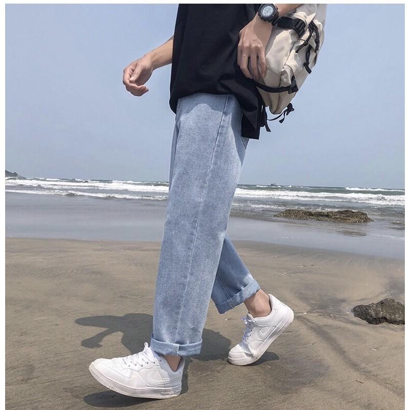 Quần jean baggy nam trơn xanh ống suông rộng mã TR03 style hàn quốc