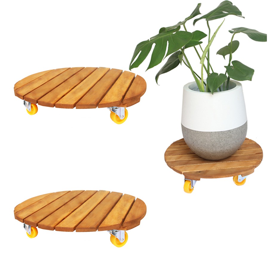 Bộ 3 Đế lót chậu bằng gỗ GREENHOME có bánh xe Tròn R40cm chịu lực 180kg - Giúp di chuyển các chậu cây một cách nhanh chóng