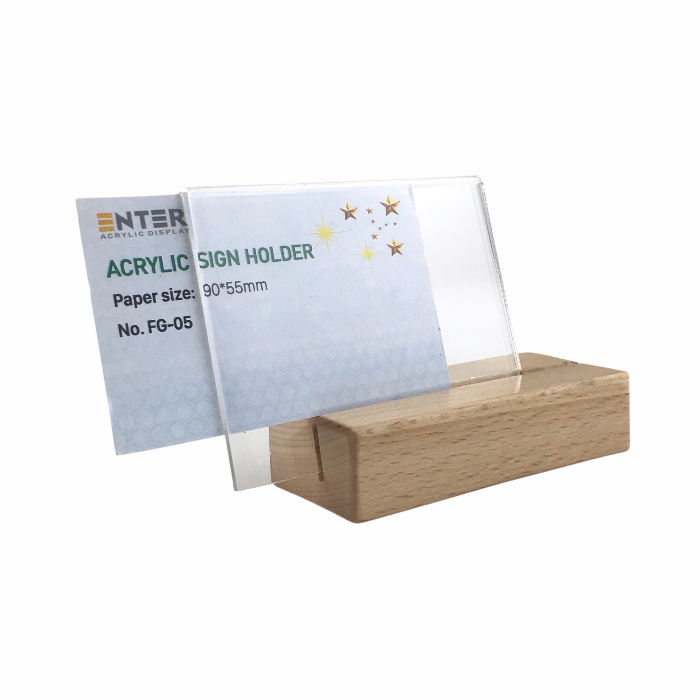 Kệ mica 1 mặt đế gỗ Enter FG-05 90x55mm, Kệ thông tin sản phẩm, Standee mica để bàn, Bảng quét mã QR Code