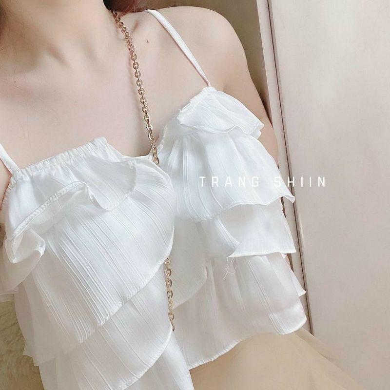SET CROP TRẮNG 2S BÈO TẦNG + CHÂN VÁY NUDE XẾP LY