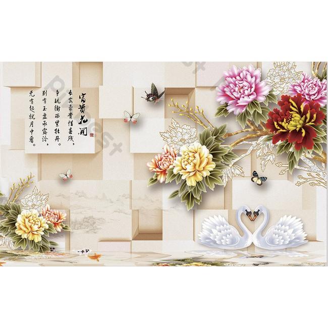 Hoa mẫu đơn thiên nga hạnh phúc, tranh 3d dán tường hiện đại MS636816