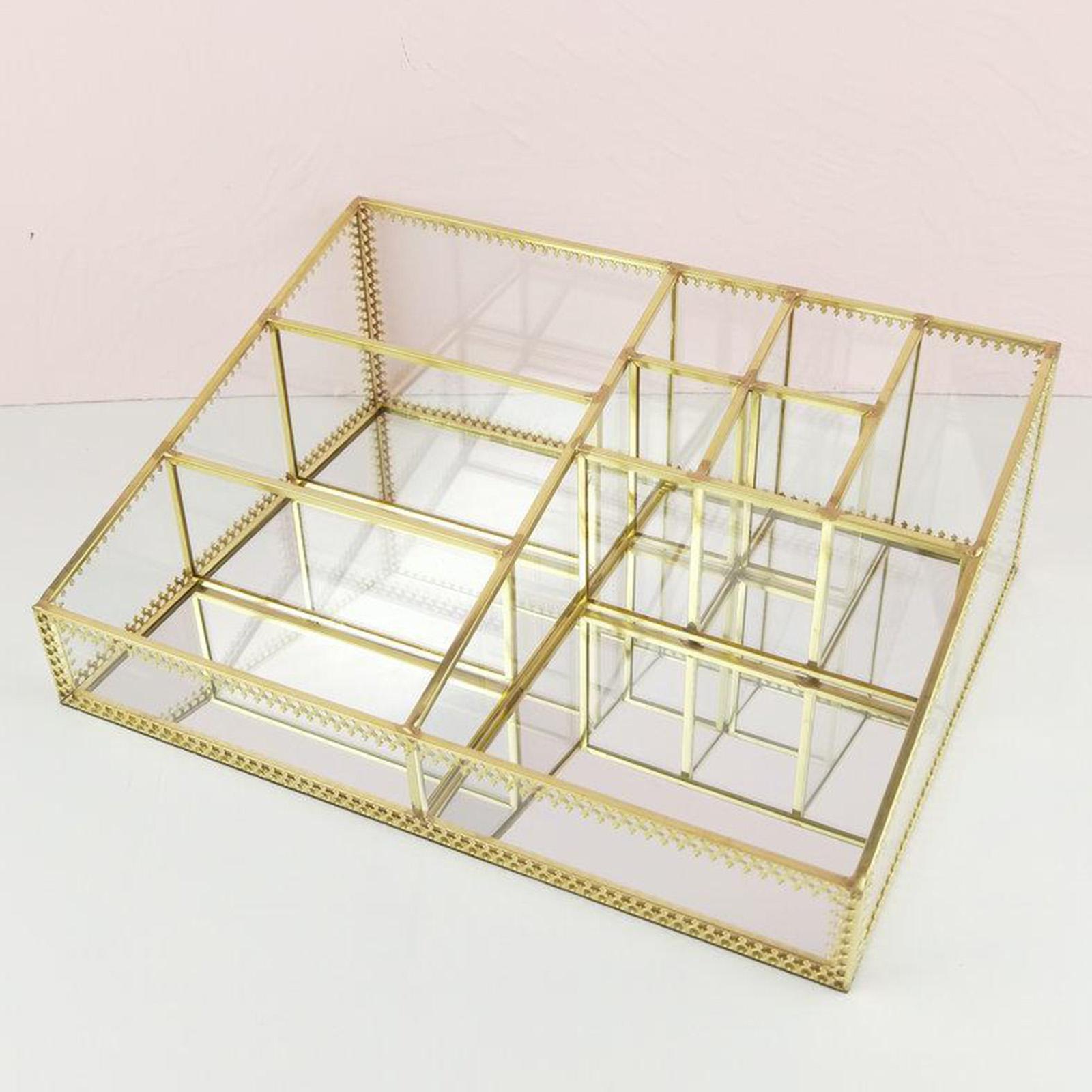 Luxury Glass Box Clear Glass Gold Tone Metal Jewelry Storage Case Cosmetic Makeup Lipstick Holder Organizer, 9 Compartments