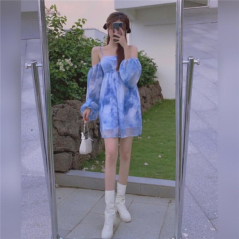 Đầm trễ vai hai dây tie dye mẫu summer 2021