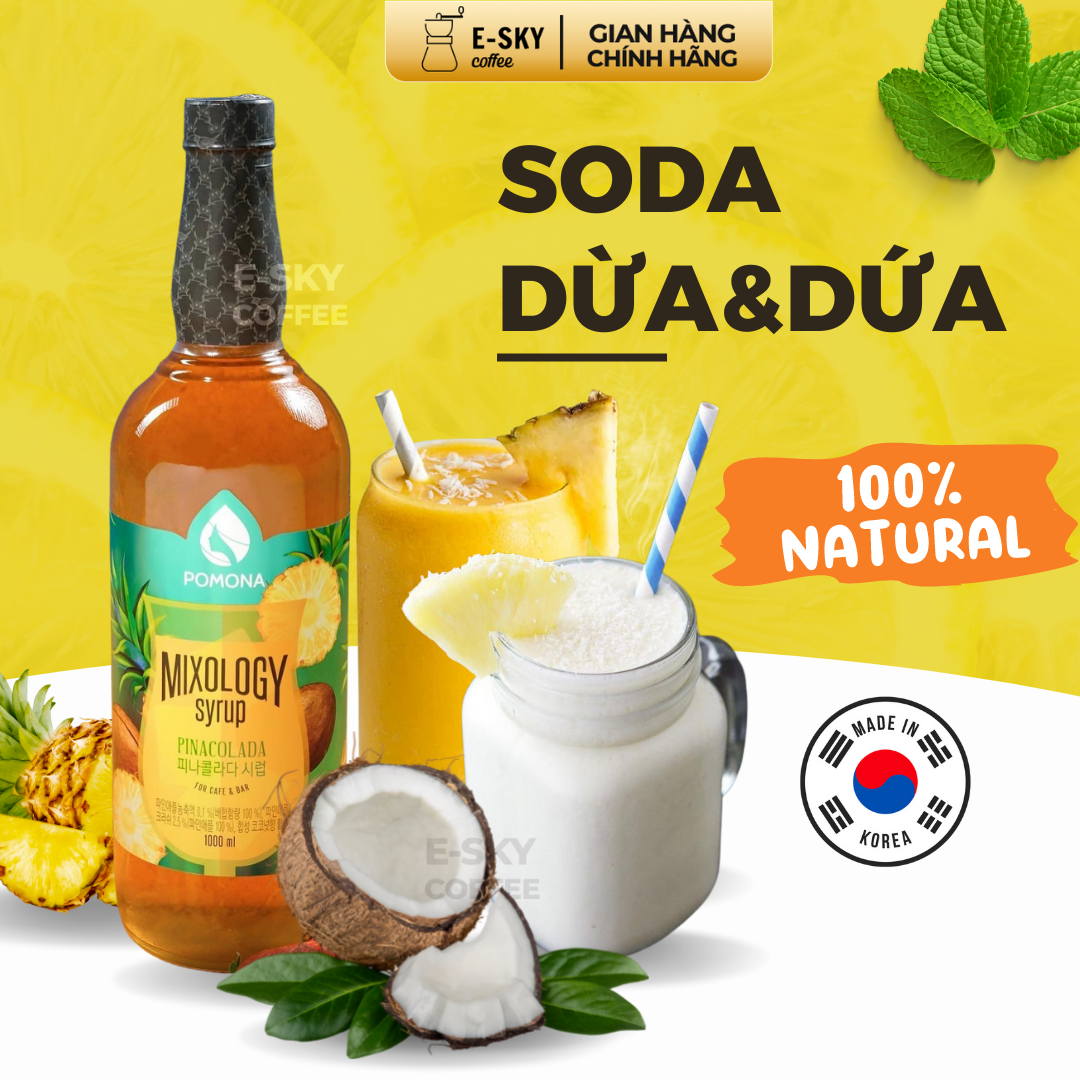 Siro Dừa Dứa Pomona Pinacolada Syrup Nguyên Liệu Pha Chế Hàn Quốc Chai Thủy Tinh 1 Lít