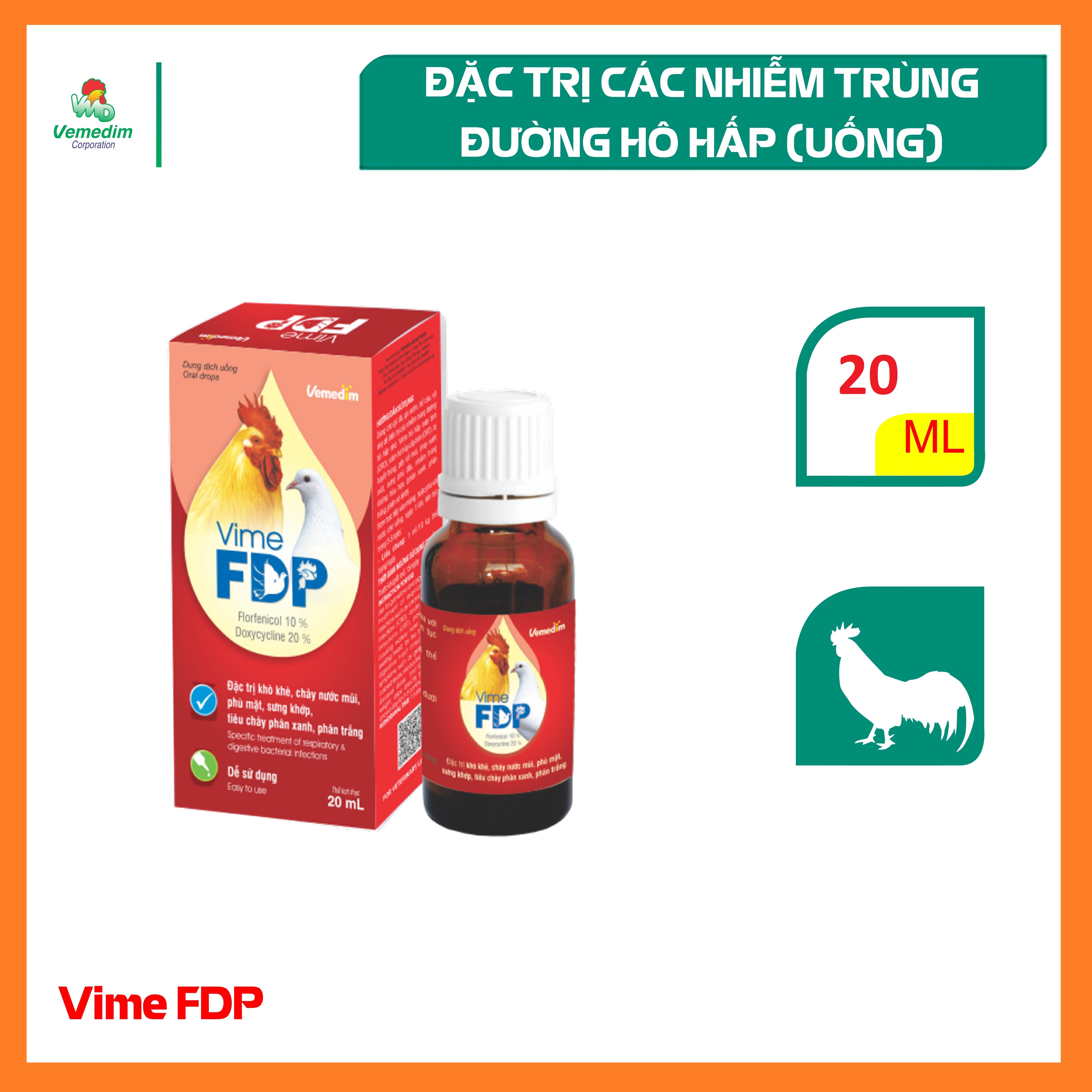 Vemedim Vime FDP drop - Dung dịch uống dùng cho gà đá, gà vườn, bồ câu, vịt nhà để điều tr.ị các nhiễm trùng đường hô hấp, chai 10ml