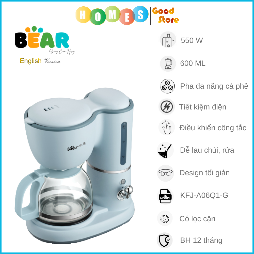 Máy Pha Cà Phê BEAR BEAR SB-CF06A Kiêm Pha Trà Thiết Kế Sang Trọng Phù Hợp Mọi Không Gian Dung Tích 0.6 Lít Công Suất 550 W - Hàng Chính Hãng