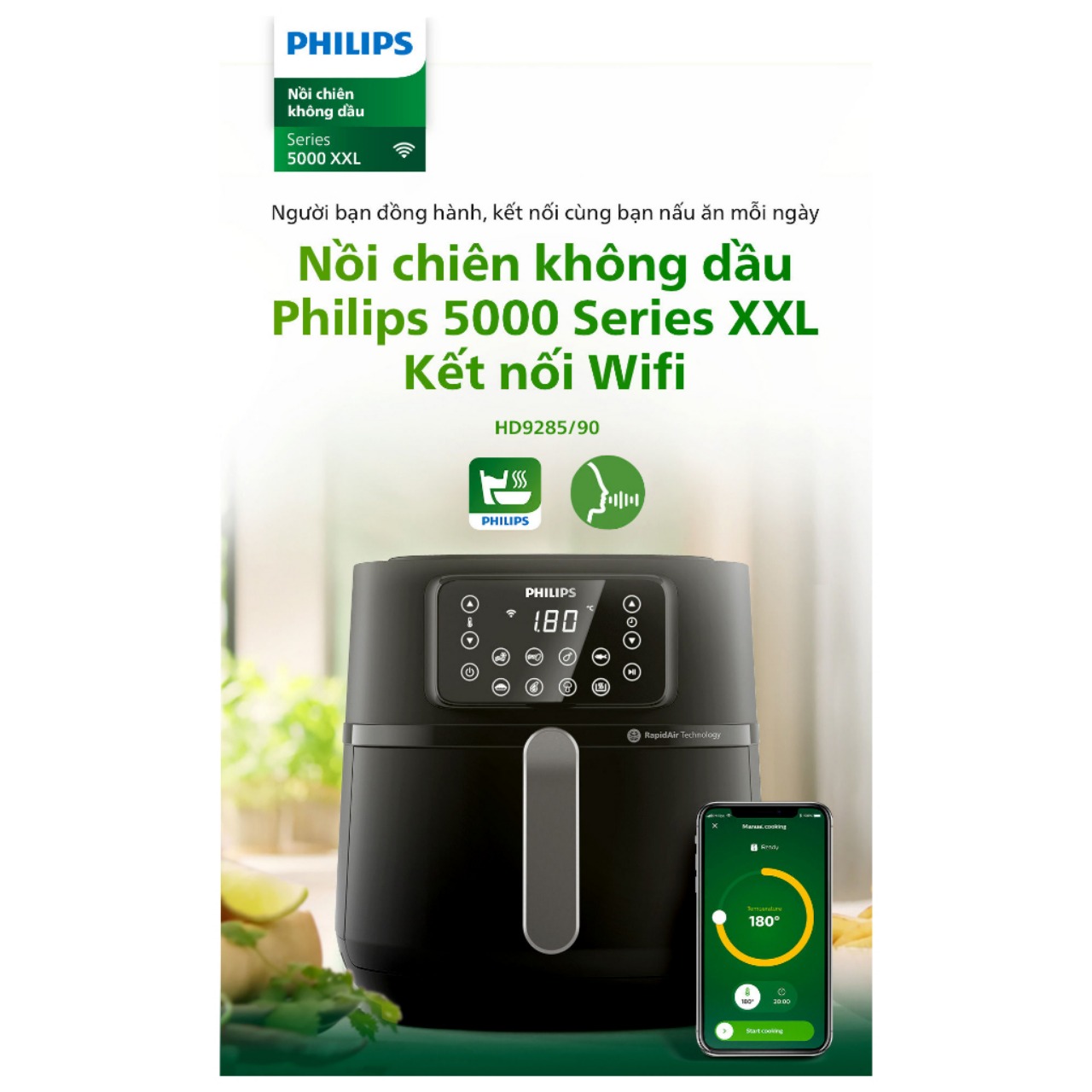 Nồi Chiên Không Dầu Philips HD9285/90 Size XXL 7.2Lit-2000W, 16 Chức Năng Kết Nối Wifi, Hàng Chính Hãng