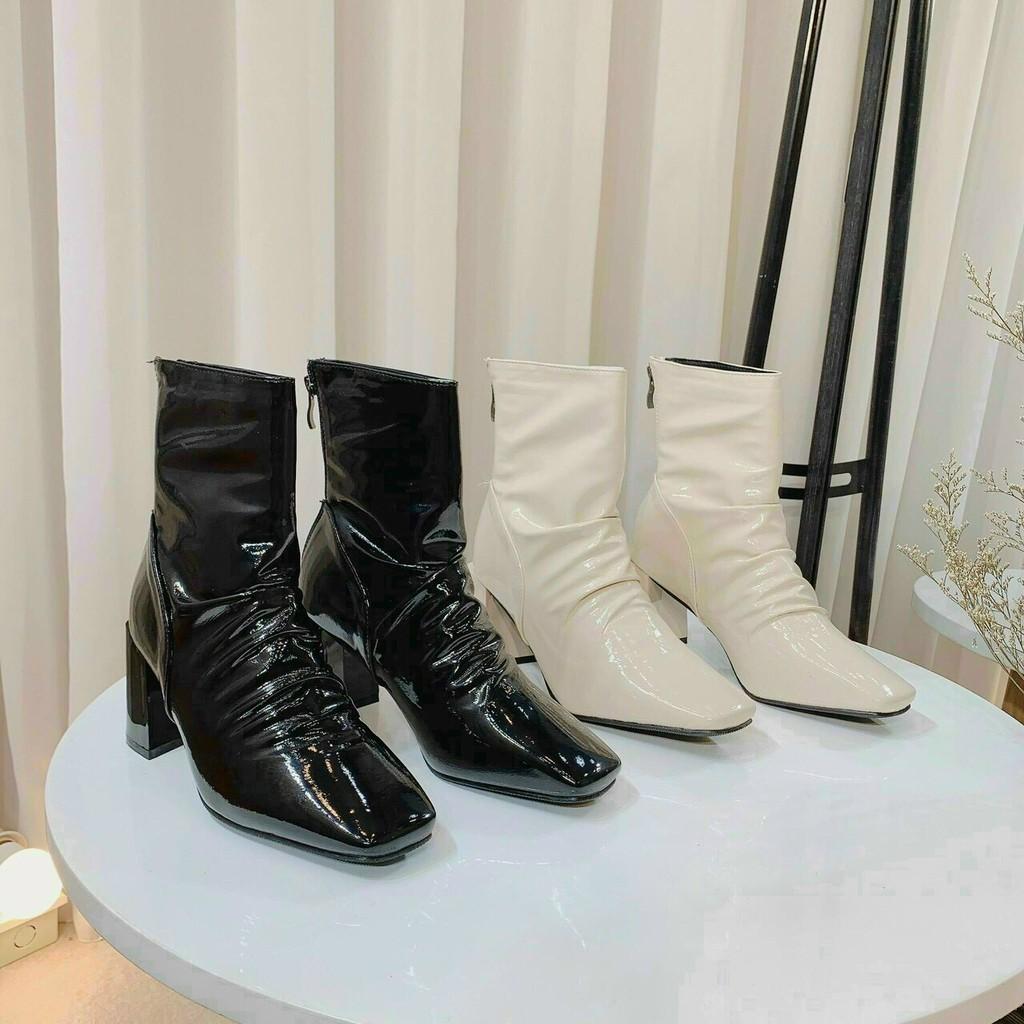 Boots nhăn 7 phân da bóng, Bốt nữ cao cổ da nhăn Bụng Bự Store 2020