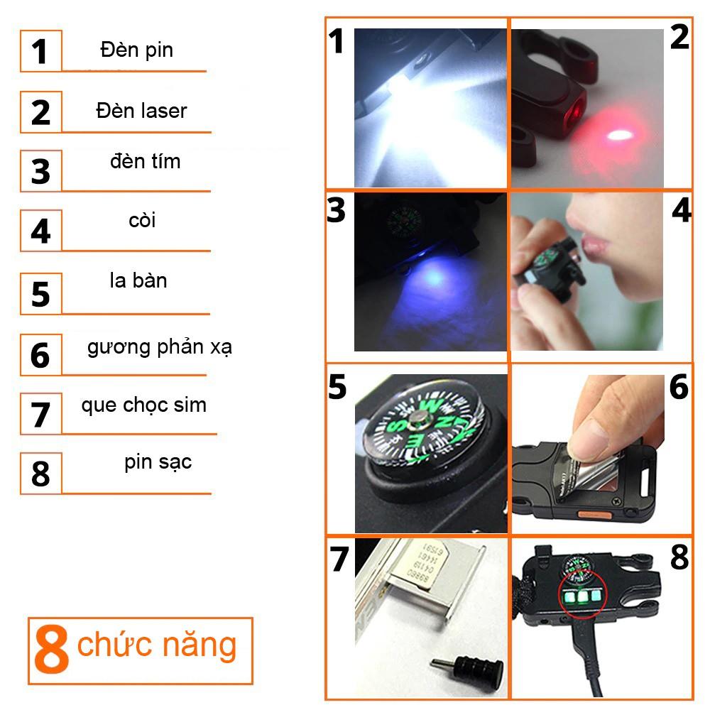 Vòng đeo tay sinh tồn laser hồng ngoại SOS đèn pin la bàn có thể sạc lại AK17
