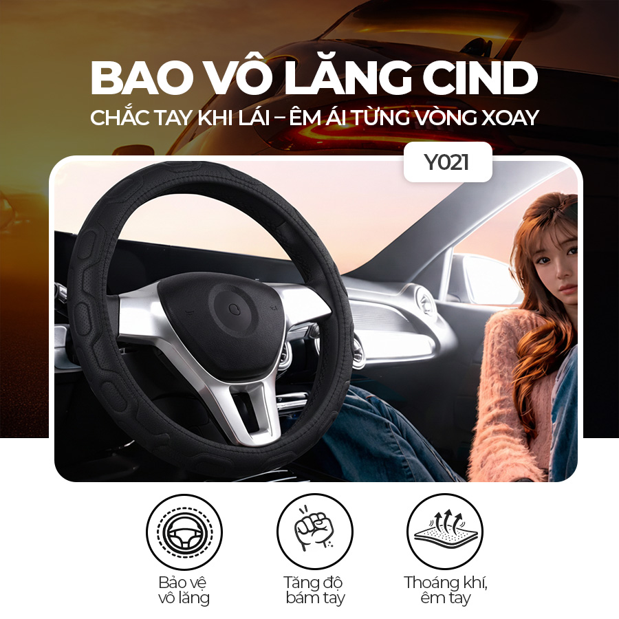 Bọc Vô Lăng CIND Y021 Size M Màu Đen Da PU Lõi TPE Chống Trượt Siêu Êm - Nhập Khẩu Chính Hãng