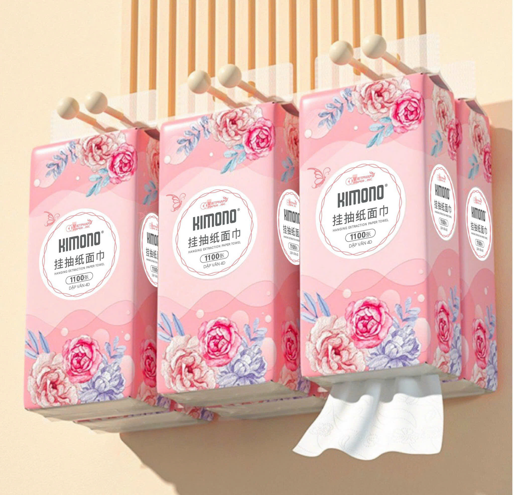 ( Tặng 2 gói) Thùng 10+2 bịch giấy treo tường đa năng KIMONO hoa hồng 4 lớp dạng rút 1100 tờ