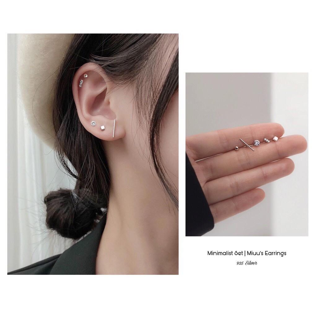Set 5 khuyên tai nữ cá tính bạc 925 Pansy Store, bông tai nhỏ đính đá