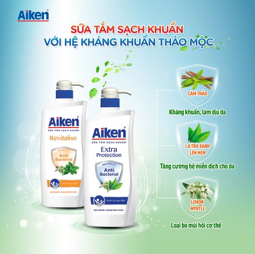 Aiken Combo 2 Sữa Tắm Sạch Khuẩn Chiết Xuất Bạc Hà Và Trà Xanh Thiên Nhiên 850g/Chai