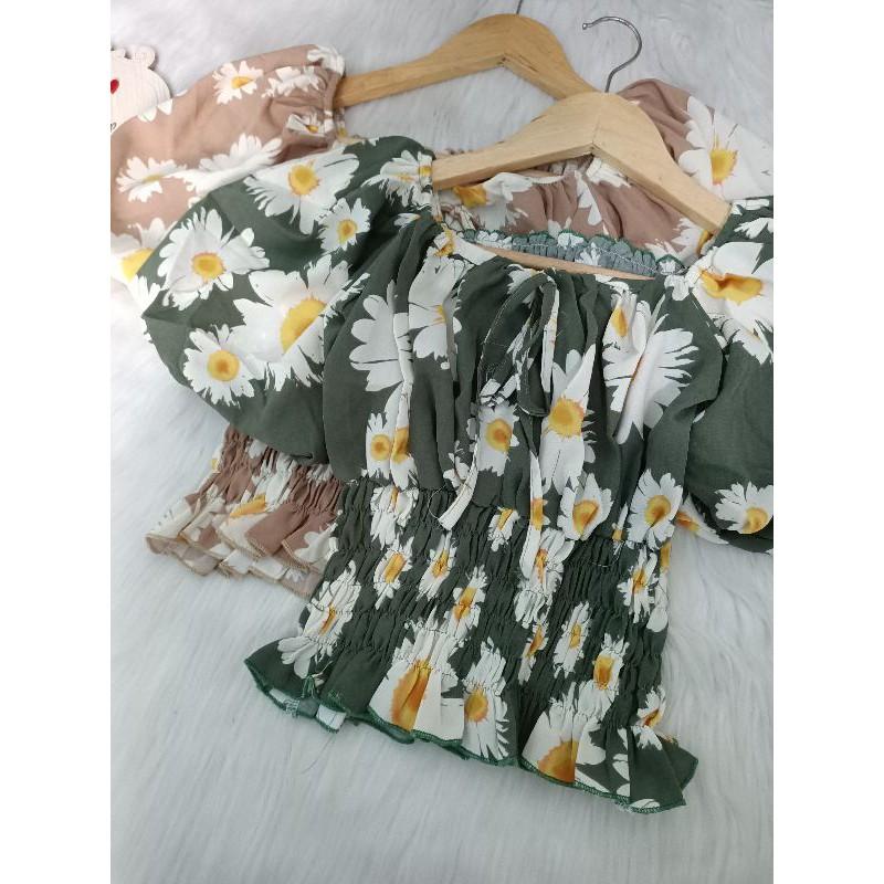 Set hoa cúc nhí tay phồng cổ vuông nhún eo ống rộng